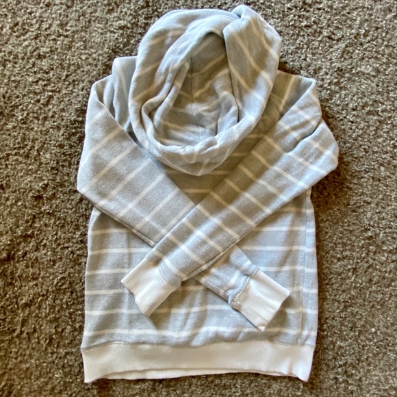 Grey and White Striped Funnel Neck Hoodie Small - Picture 2 of 5